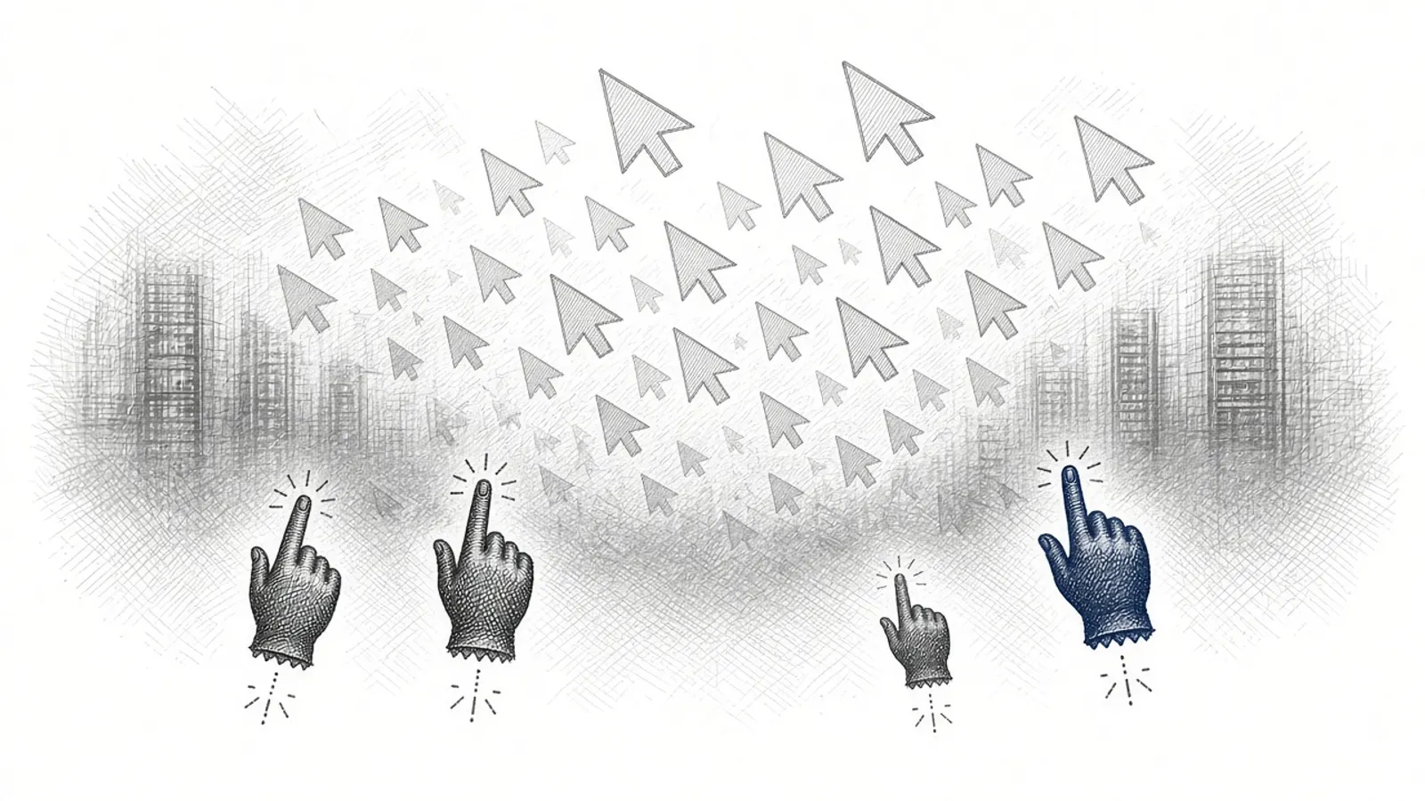 Black and white engraved illustration of a pale swarm of ghostly arrow cursors drifting past server towers, with four solid hand cursors in the foreground, one of them inked deep blue.